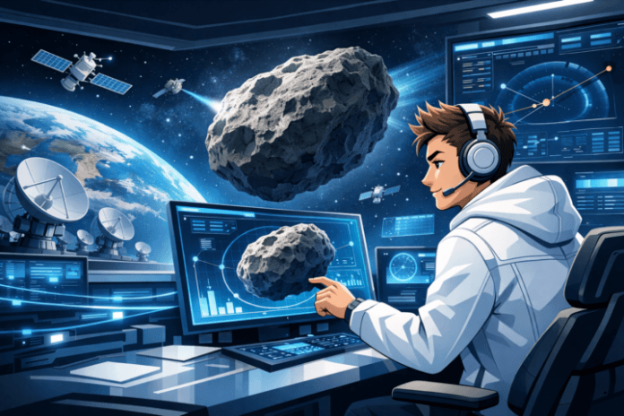 Peran Jaringan dan Infrastruktur dalam Mengantisipasi Ancaman Asteroid Apophis 2029 Featured Image Jaringan komunikasi canggih memantau asteroid Apophis saat melintas dekat Bumi pada 2029