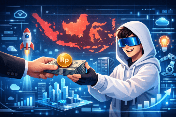 Ilustrasi investasi venture capital mendukung startup teknologi di Indonesia dengan ikon teknologi dan peta Indonesia