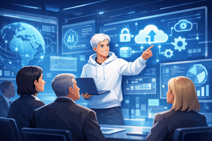 IT Expert memandu transformasi digital dengan teknologi dan data di kantor modern