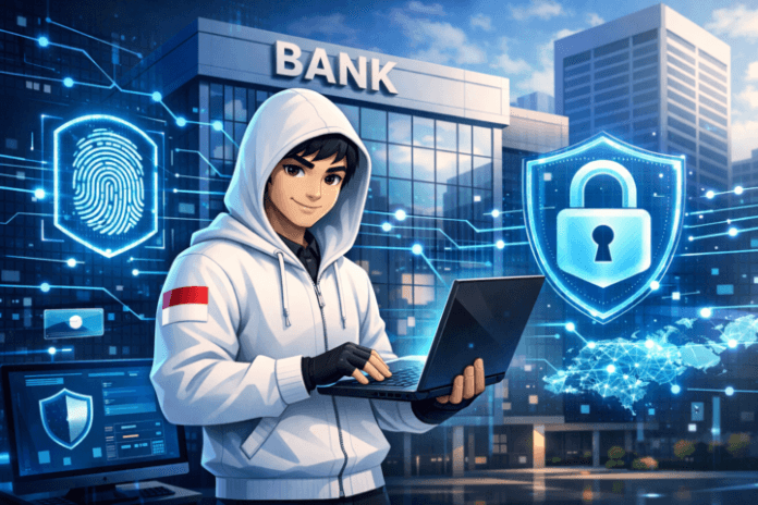 Ilustrasi teknologi keamanan siber di industri perbankan Indonesia dengan ikon keamanan digital dan gedung bank