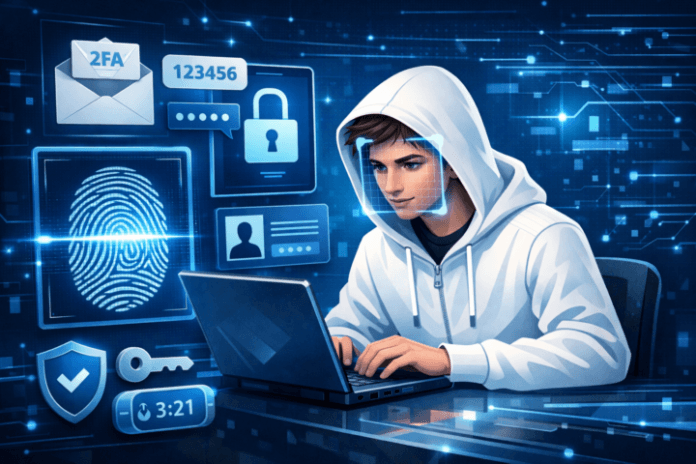 Ilustrasi konsep keamanan digital dengan ikon otentikasi multi-faktor dan pemindaian biometrik