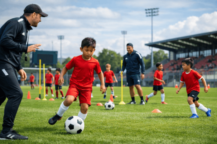 Latihan pemain akademi sepak bola muda Indonesia dengan fasilitas modern terinspirasi oleh Liga Primer dan Bundesliga