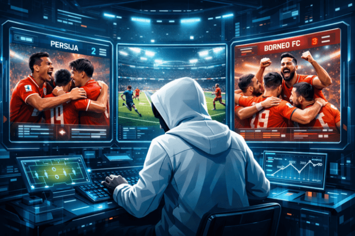 Pemain Persija Jakarta dan Borneo FC merayakan gol dalam pertandingan Super League 2026 di stadion penuh penonton