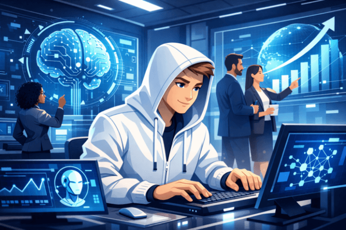 Profesional teknologi menganalisis data AI di kantor modern dengan layar digital besar