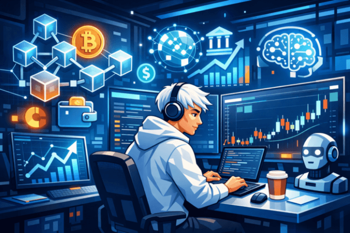 Pengembang IT sedang bekerja mengembangkan solusi fintech dengan simbol blockchain dan AI di layar komputer