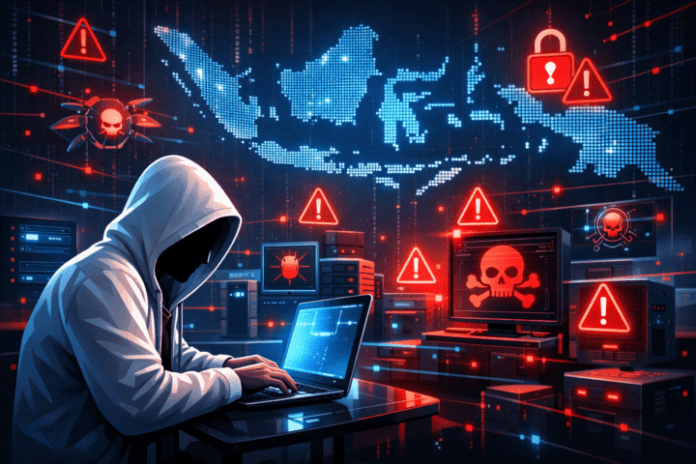 Ilustrasi ancaman siber pada infrastruktur digital Indonesia dengan jaringan komputer dan peta Indonesia digital