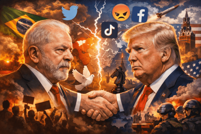 Foto Presiden Brasil Luiz Inácio Lula da Silva dan Donald Trump dengan latar belakang simbol politik global dan media sosial