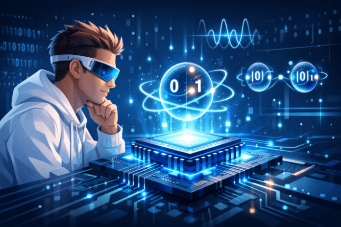 Ilustrasi konsep quantum computing dengan qubit, superposisi, dan teknologi komputer futuristik