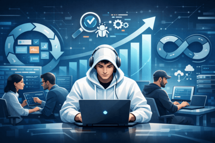 Tim pengembang software menggunakan teknik pemrograman modern Agile, TDD, dan DevOps dalam lingkungan kerja modern