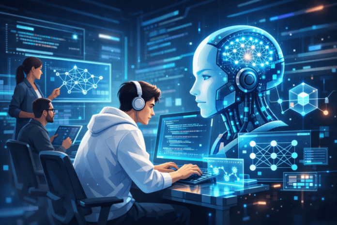 Ilustrasi pengembangan aplikasi dengan dukungan kecerdasan buatan AI