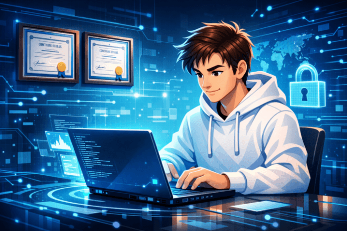 Pengembang IT dengan sertifikat dan laptop di lingkungan teknologi digital modern