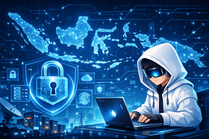 Ilustrasi keamanan siber dan infrastruktur digital Indonesia dengan simbol kunci gembok dan peta digital