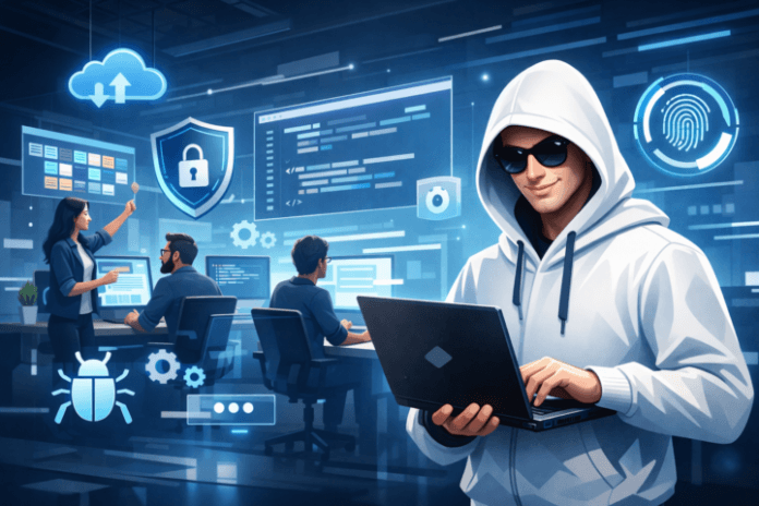 Tim pengembangan software sedang berkolaborasi dengan tampilan digital dan simbol keamanan di layar