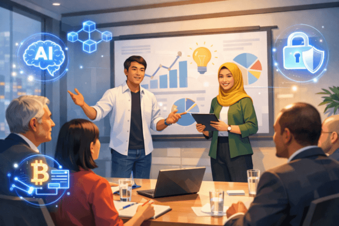 Startup teknologi Indonesia sedang mempresentasikan pitch deck kepada investor di kantor modern