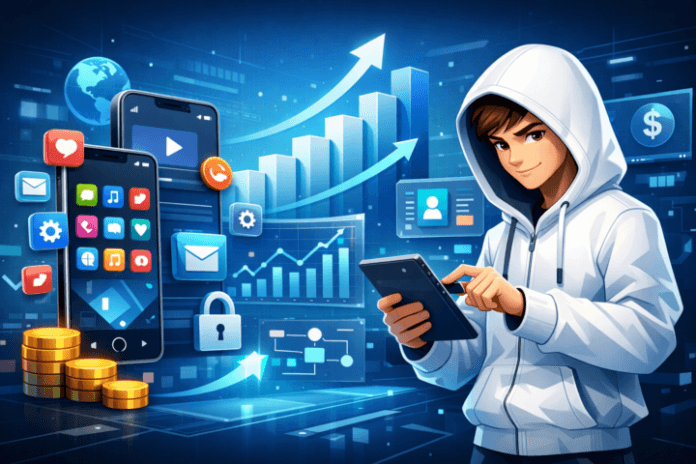 Ilustrasi pengembangan aplikasi mobile dengan smartphone dan grafik pertumbuhan bisnis