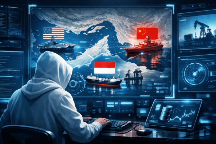 Peta Selat Hormuz dan simbol kekuatan AS, China, serta Indonesia di bidang geopolitik dan energi
