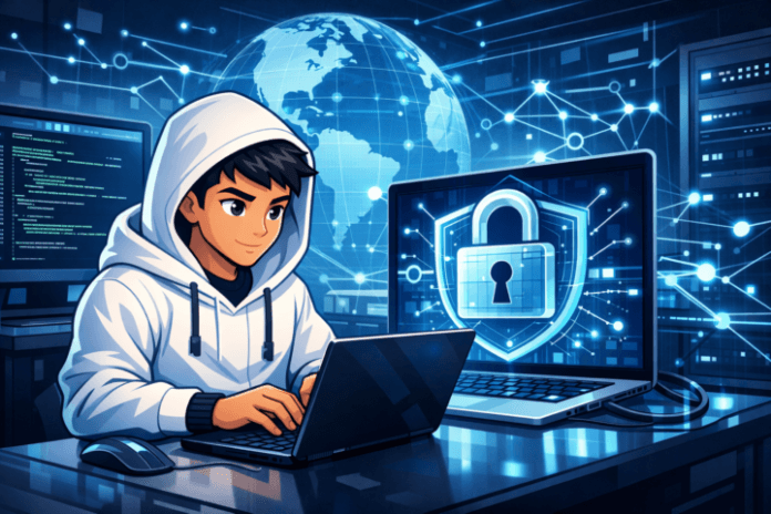 Ilustrasi keamanan siber pada startup teknologi Indonesia dengan simbol gembok digital di layar komputer