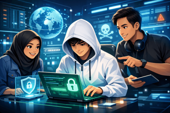 Profesional IT muda Indonesia bekerja sama di ruang kerja teknologi modern