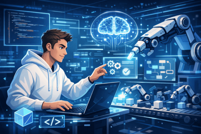 Ilustrasi AI dalam pengembangan software dengan simbol kode dan teknologi futuristik