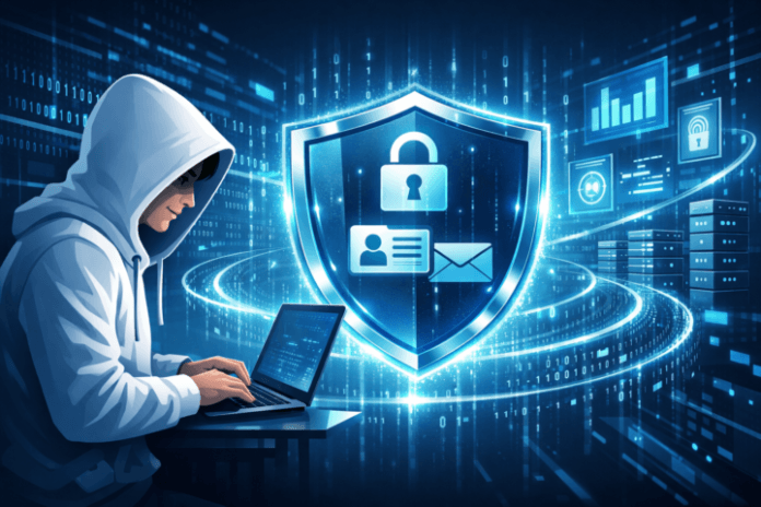 Ilustrasi pelindung digital melindungi data pribadi dengan latar aliran data dan kode biner