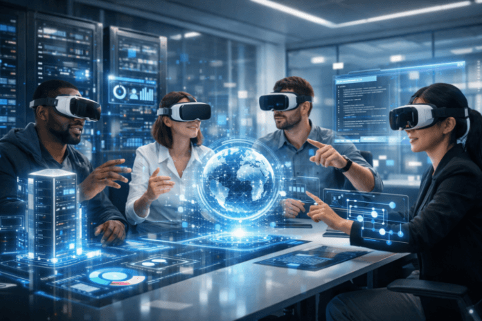 Tim bekerja menggunakan teknologi virtual reality dalam lingkungan digital imersif di industri IT