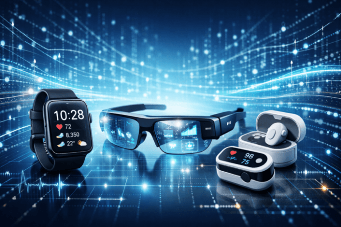 Gambar perangkat teknologi wearable seperti jam tangan pintar dan kacamata AR yang mewakili transformasi IT
