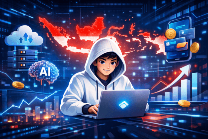 Ilustrasi transformasi digital dan pengembangan teknologi informasi di Indonesia tahun 2023