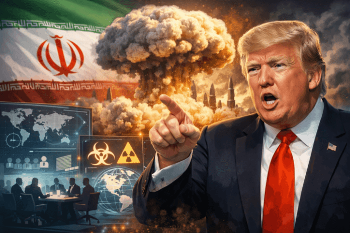 Donald Trump berbicara kontroversial dengan latar bendera Iran dan tema keamanan global