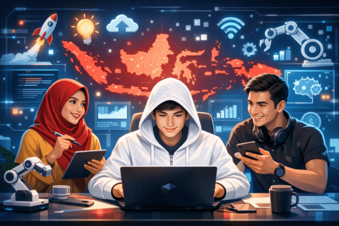 Ilustrasi pengusaha muda Indonesia mengembangkan startup teknologi dengan ikon inovasi digital dan peta Indonesia
