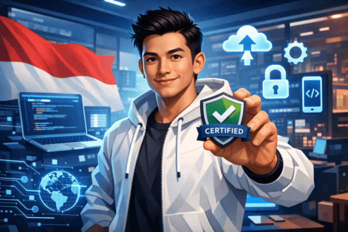 Pengembang IT Indonesia memegang sertifikat di kantor teknologi modern