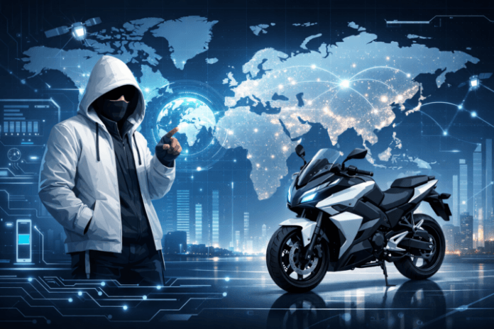 Kendaraan listrik ZXMOTO dengan latar dunia global, simbol inovasi dan kekuatan industri China