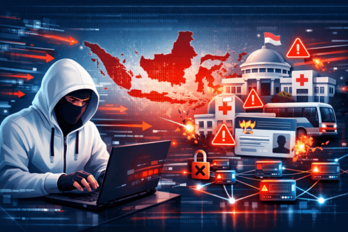 Ilustrasi serangan DDoS pada layanan publik di Indonesia menunjukkan ancaman siber dan simbol keamanan teknologi