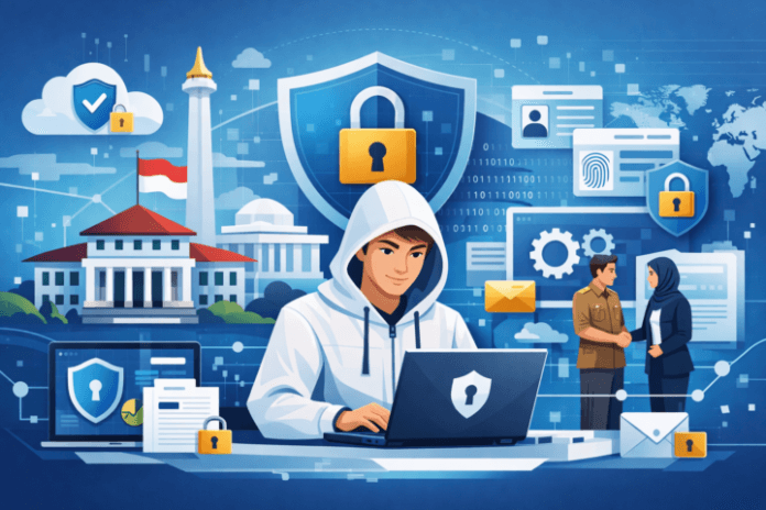 Ilustrasi implementasi kebijakan keamanan siber di sektor pemerintahan Indonesia dengan ikon proteksi data dan kolaborasi