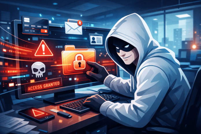 Ilustrasi ancaman kebocoran data digital dengan hacker mengakses informasi sensitif di layar komputer