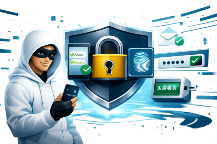Simbol keamanan digital dengan ikon kunci, smartphone, dan sidik jari untuk menggambarkan Two-Factor Authentication