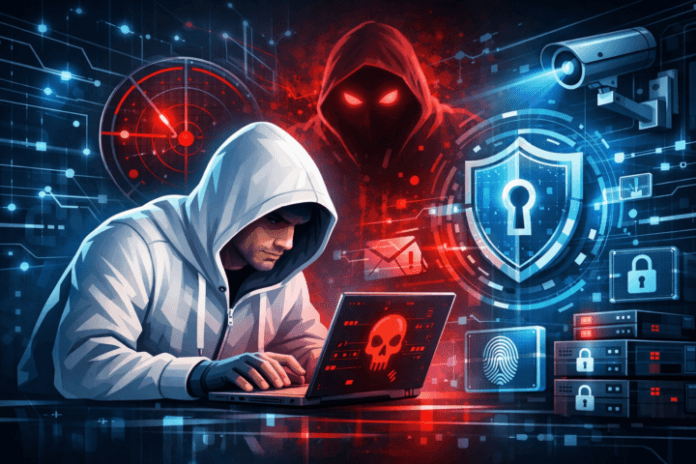 Memahami APT: Serangan Siber Diam-Diam dan Bertahan Lama Featured Image Ilustrasi serangan siber Advanced Persistent Threat (APT) menunjukkan jaringan dengan ancaman tersembunyi dan alat keamanan