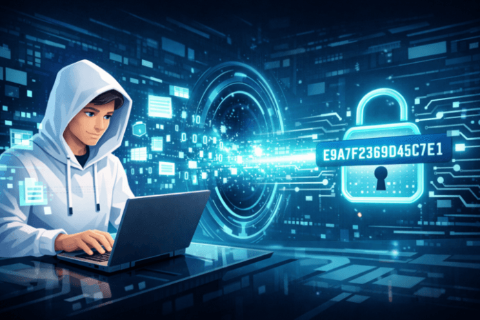 Ilustrasi data digital yang dikonversi menjadi kode hash unik untuk keamanan dan integritas data