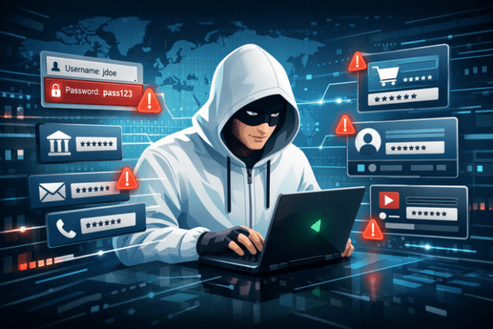 Ilustrasi ancaman keamanan siber berupa serangan credential stuffing dengan peretas mencoba mengakses akun menggunakan data username dan password yang dicuri