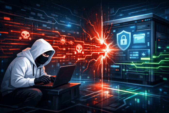 Ilustrasi serangan Remote Code Execution (RCE) pada sistem komputer melalui jaringan digital