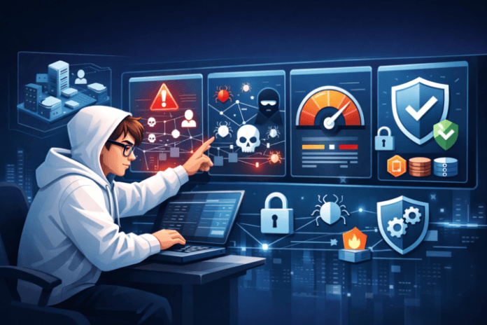Diagram proses threat modeling terdiri dari pemahaman konteks, identifikasi ancaman, analisis risiko, dan strategi mitigasi