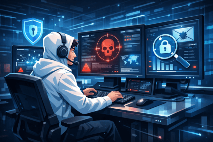 Analis keamanan siber melakukan threat hunting dengan data dan grafik di layar komputer