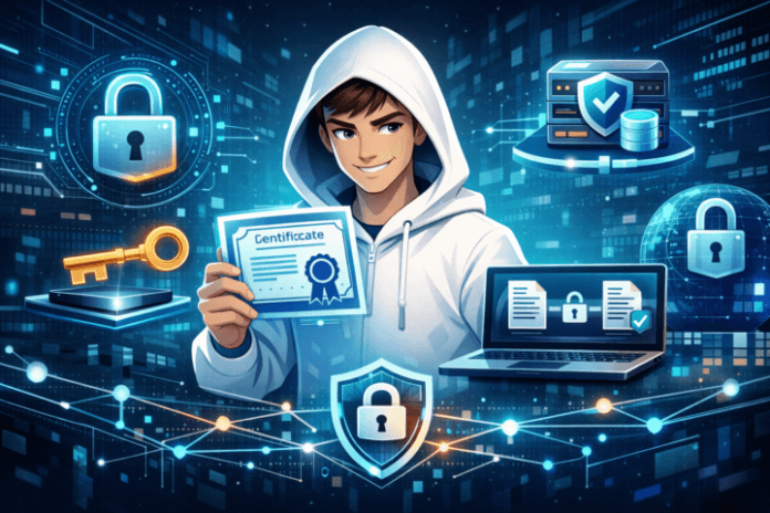 Ilustrasi Public Key Infrastructure (PKI) dengan sertifikat digital dan enkripsi kunci publik untuk keamanan data