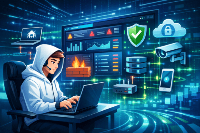 Ilustrasi analisis data keamanan siber dengan perangkat jaringan terhubung ke dashboard sistem SIEM
