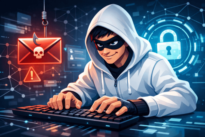 Ilustrasi keamanan siber menampilkan tangan mengetik, email phishing, dan simbol kunci