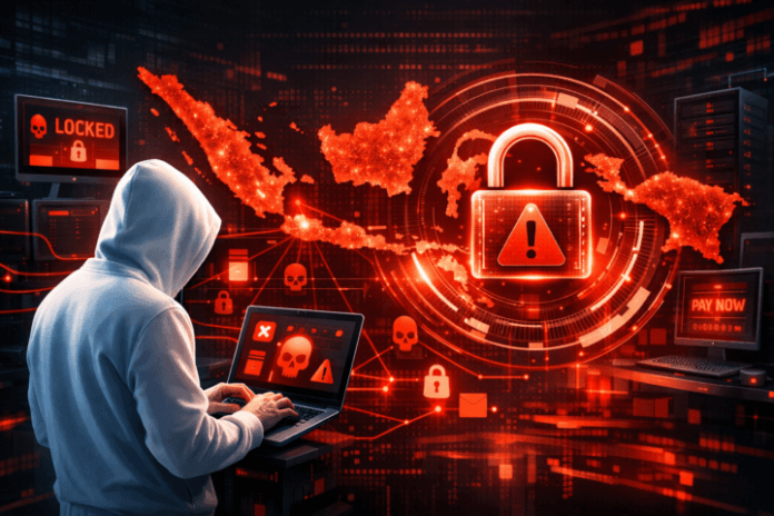 Ilustrasi serangan ransomware di Indonesia dengan peta dan ikon keamanan digital