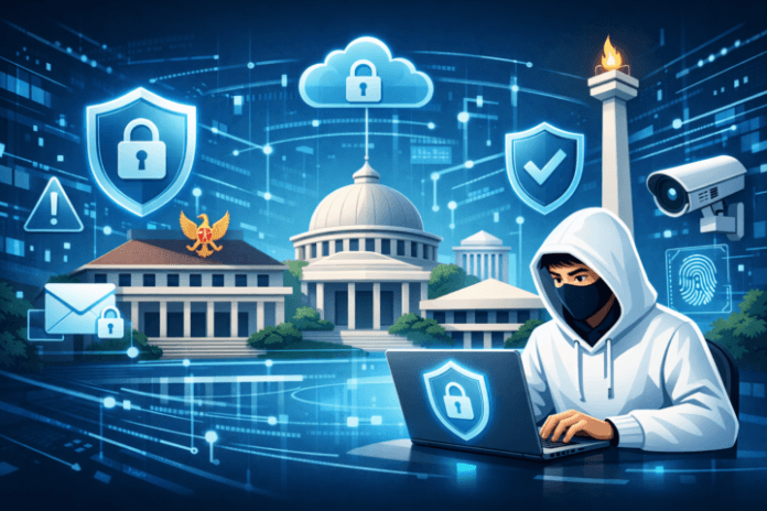 Ilustrasi penerapan framework keamanan siber NIST di sektor publik Indonesia dengan ikon keamanan dan gedung pemerintahan