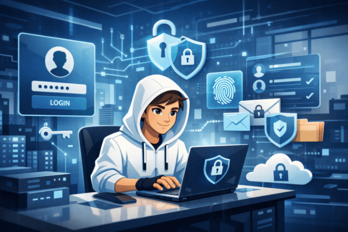 Ilustrasi manajemen identitas dan akses dalam keamanan siber perusahaan dengan ikon keamanan digital dan akses pengguna