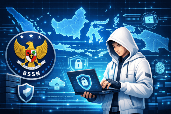 Logo BSSN dengan latar belakang jaringan digital yang melambangkan pertahanan siber nasional Indonesia