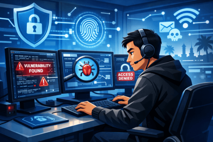 Ethical hacker profesional sedang menganalisis kerentanan sistem keamanan siber di Indonesia