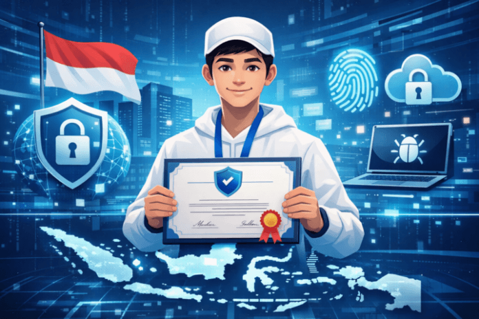 Ilustrasi profesional dengan sertifikat keamanan siber dan simbol teknologi digital di Indonesia